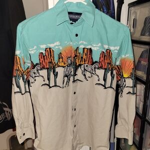 Panhandle Men's Western Desert Scene Casual Button Down Shirt - Green and Cream